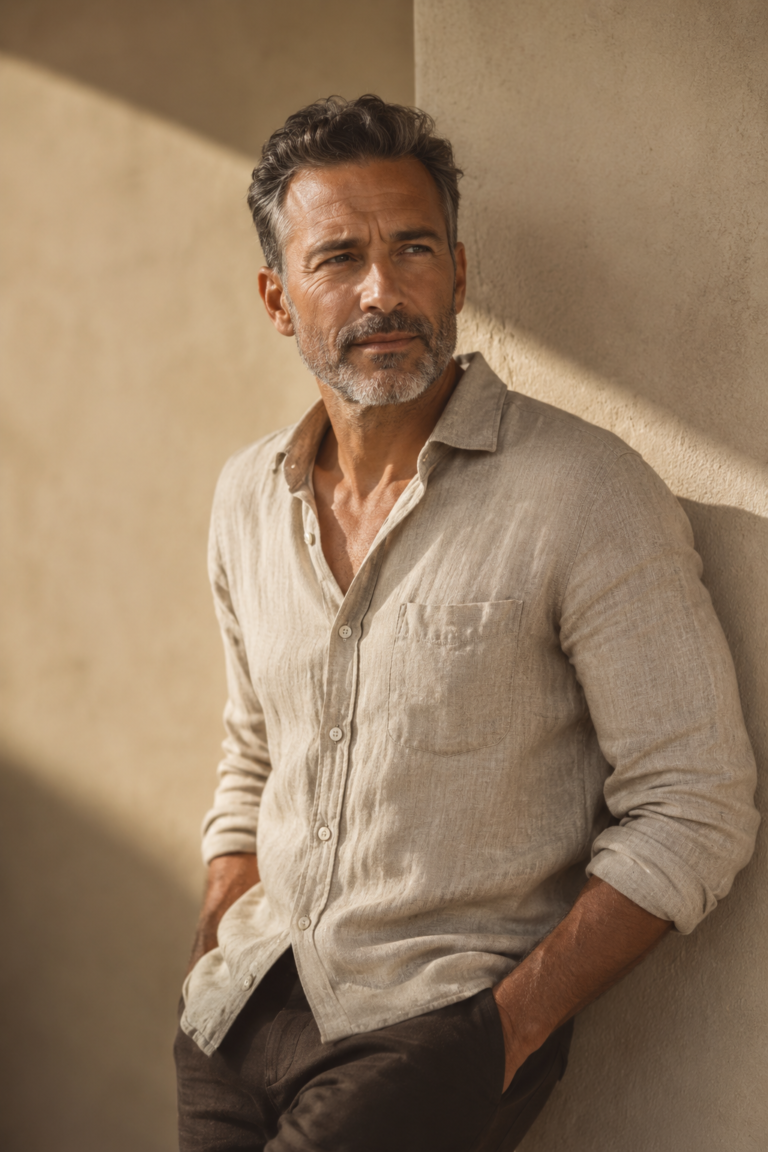 Man in linen shirt, longevity nutrition client portrait