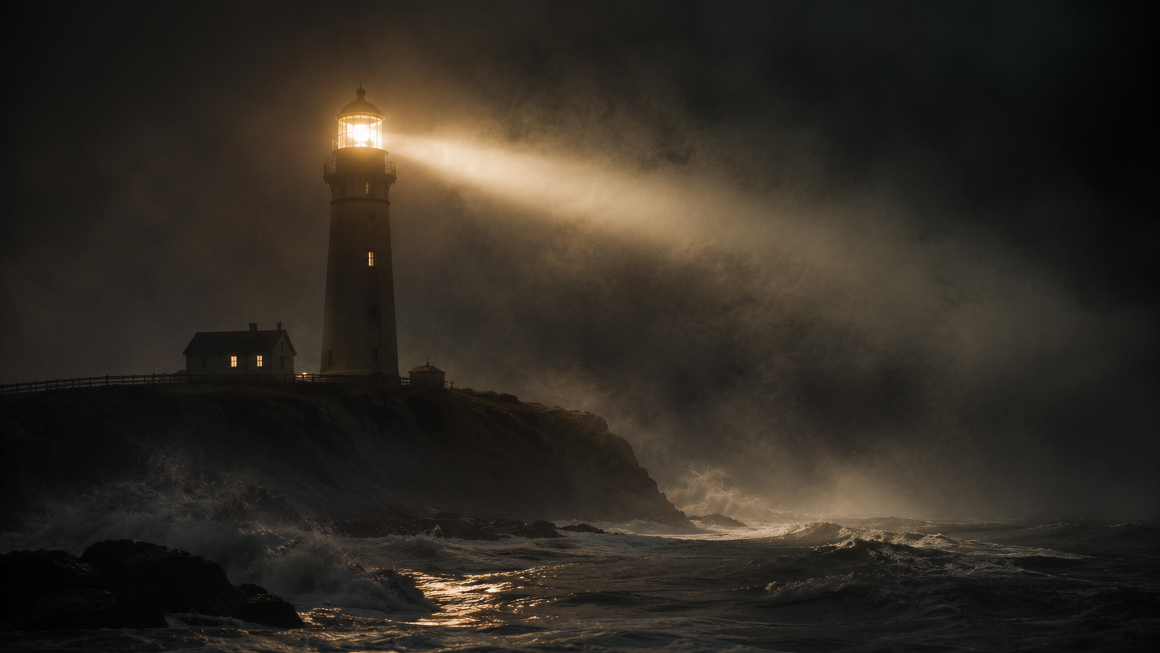 lighthouse beam cutting through fog over stormy sea symbolizing sharing your vision with the world