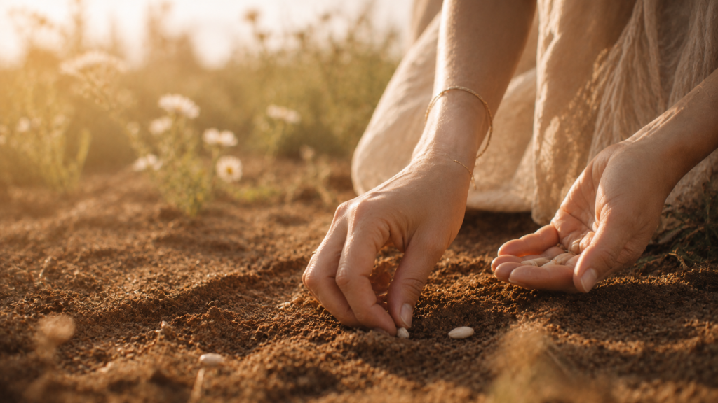 hands planting seeds in soil at golden hour symbolizing sharing your vision
