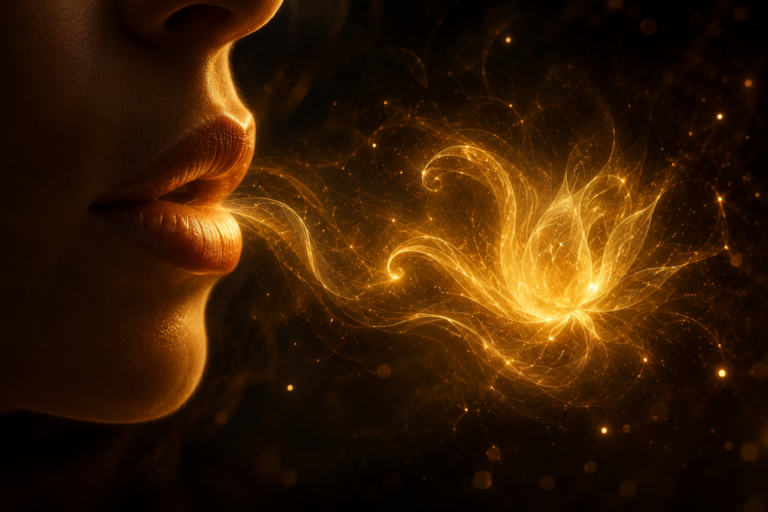 close-up of lips with glowing golden light flowing outward symbolizing communicating with purpose