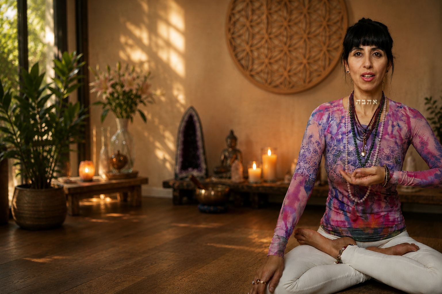 Sivan Einav teaching in sacred space with Flower of Life wall art