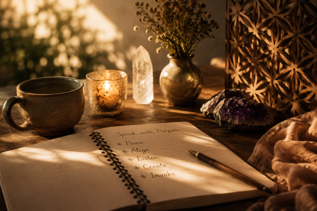 journal with handwritten Speak with Purpose notes, candle, and crystal
