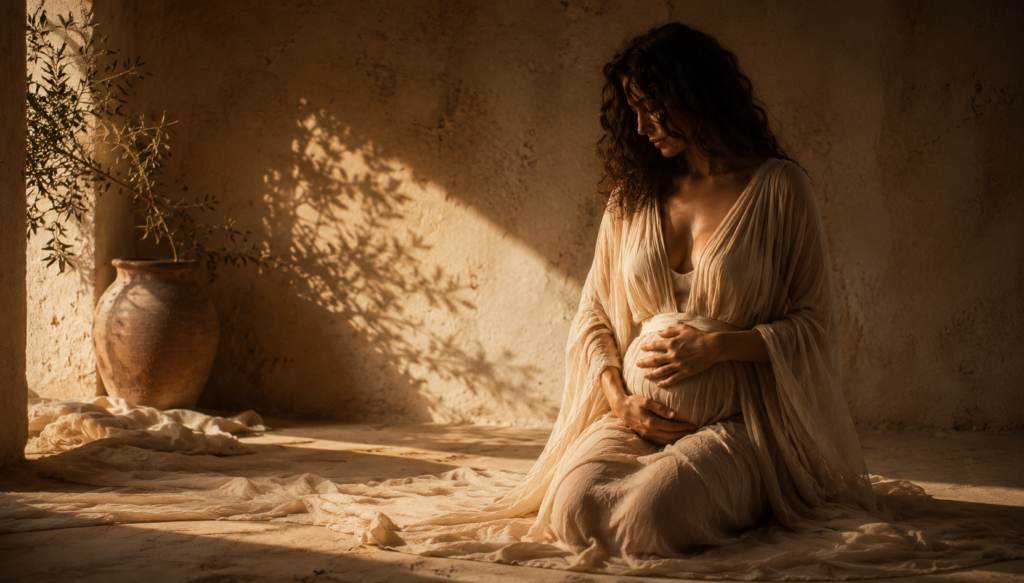 pregnant woman cradling belly in sunlit doorway symbolizing sacred fertility