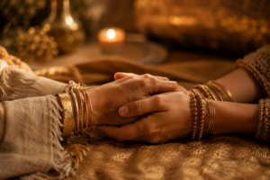 two hands clasped together adorned with gold bangles symbolizing fulfilling alliances