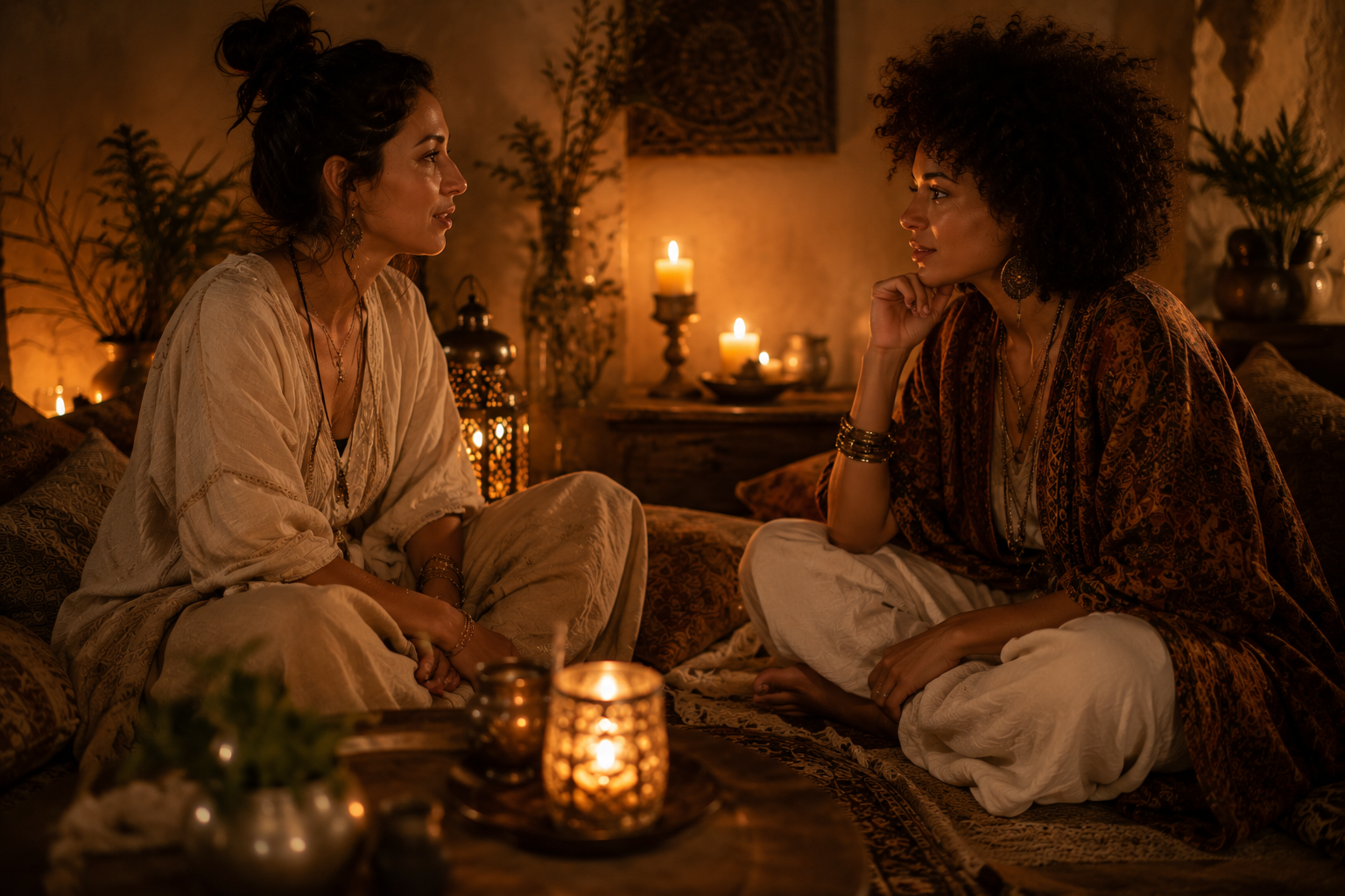 two women in deep conversation by candlelight symbolizing soul-sharing friendship