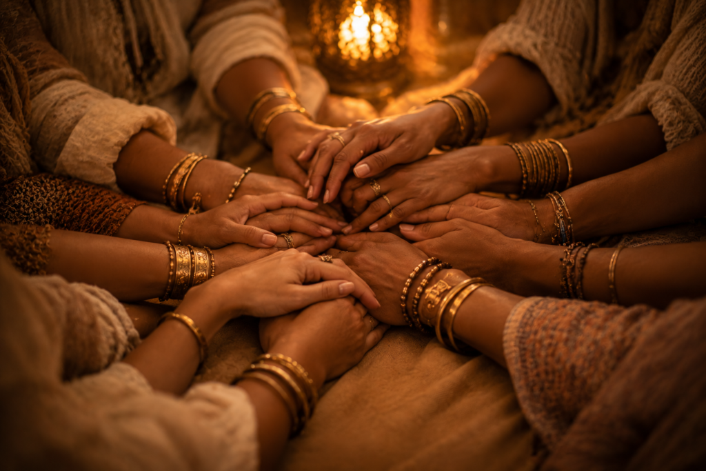 group of hands stacked together with gold bangles symbolizing sisterhood and friendship