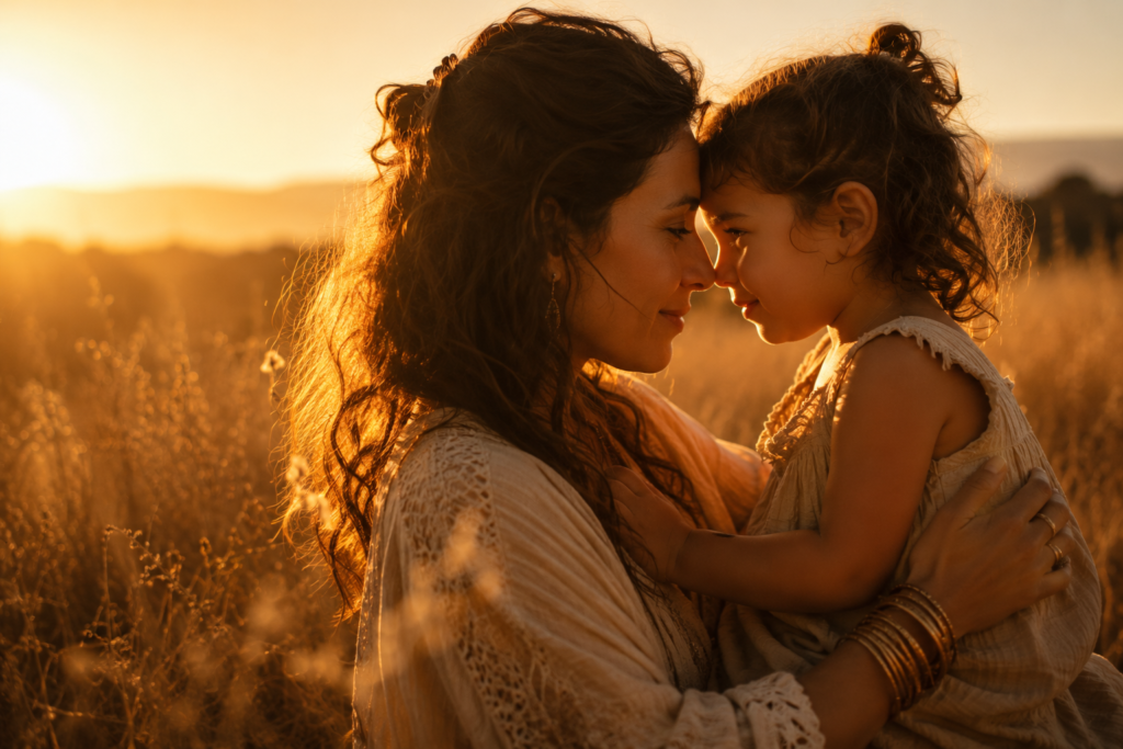 mother and child touching foreheads at golden hour symbolizing awakened parenting connection
