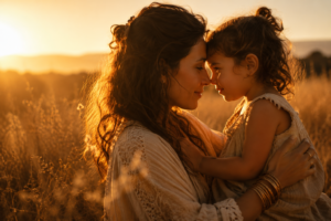 mother and child touching foreheads at golden hour symbolizing awakened parenting connection