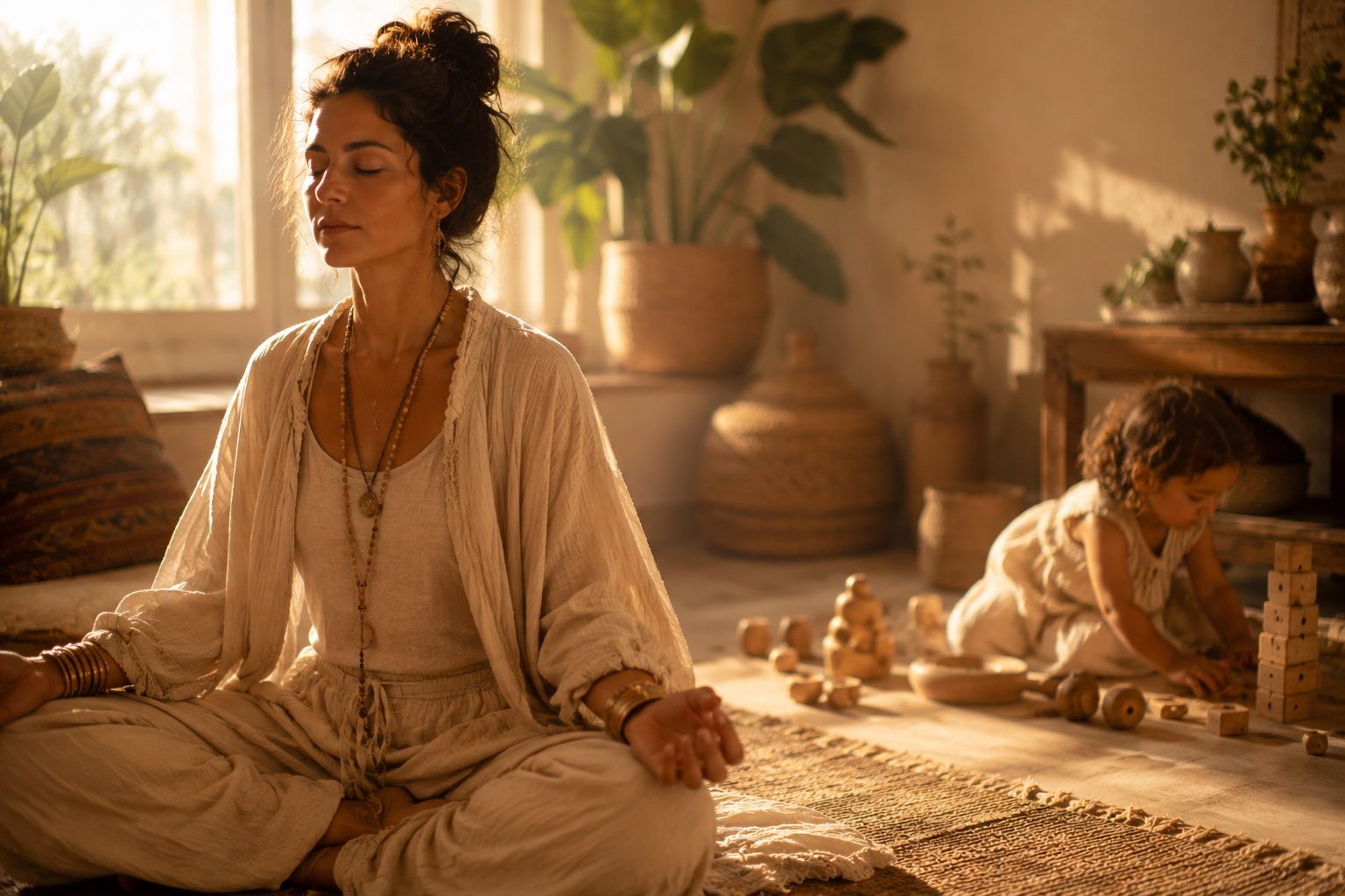 mother meditating while child plays nearby in sunlit room