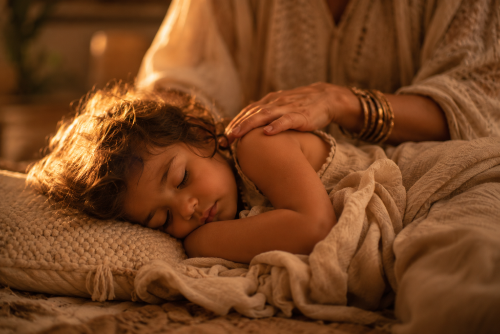 leeping child with mother's hand resting gently on shoulder